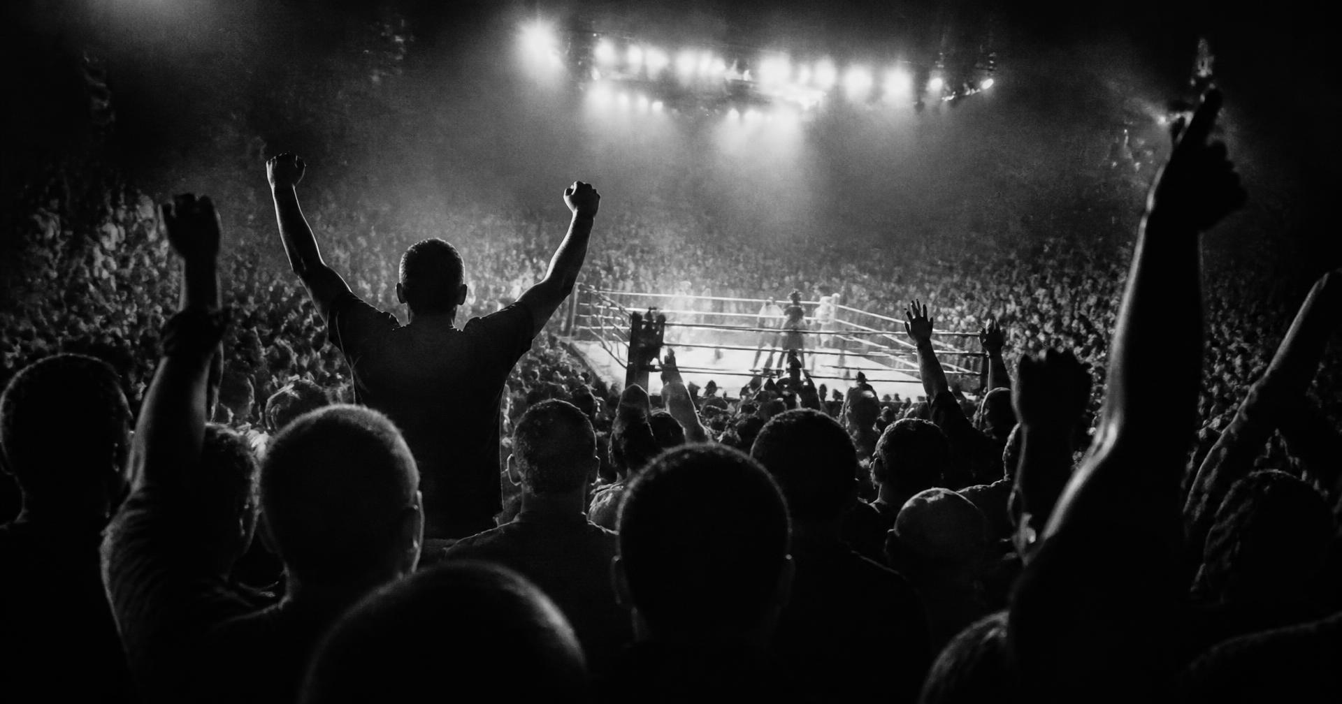 A packed crowd watching a bout at Emirates Fight Club