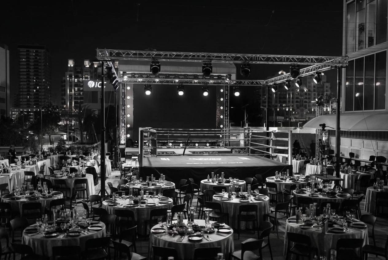 Black and white venue view with a boxing ring, AV Rig and event seating